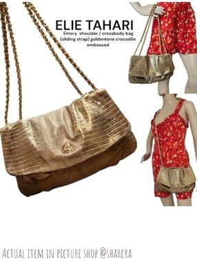Elie Tahari Women  golden crocodile embossed leather rouched slide chain Handbag